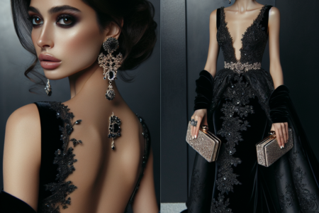 Mujer elegante con vestido negro para boda de noche